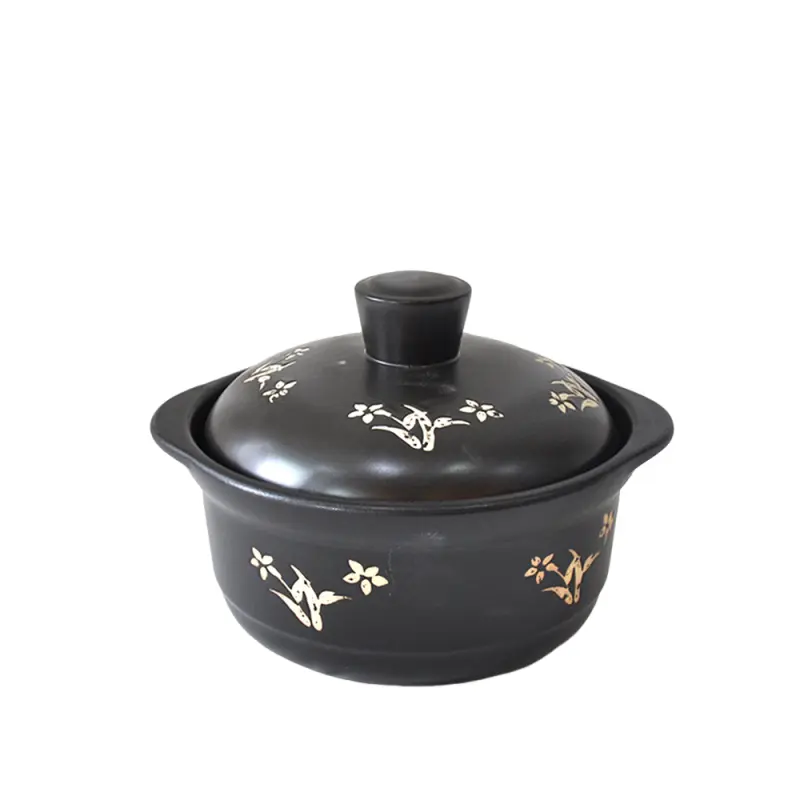 Black Ceramic Casserole with Golden Floral Patterns