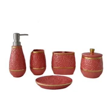 Red Embossed Ceramic Bathroom 5-Piece Set