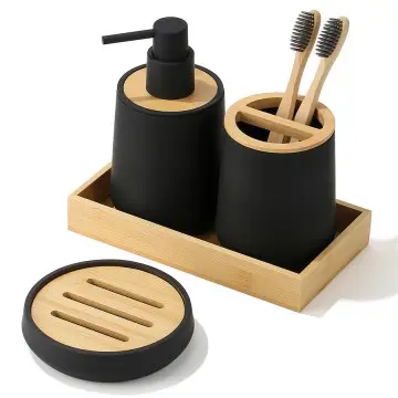 Minimalist Matte Black Plastic & Bamboo Bathroom Set