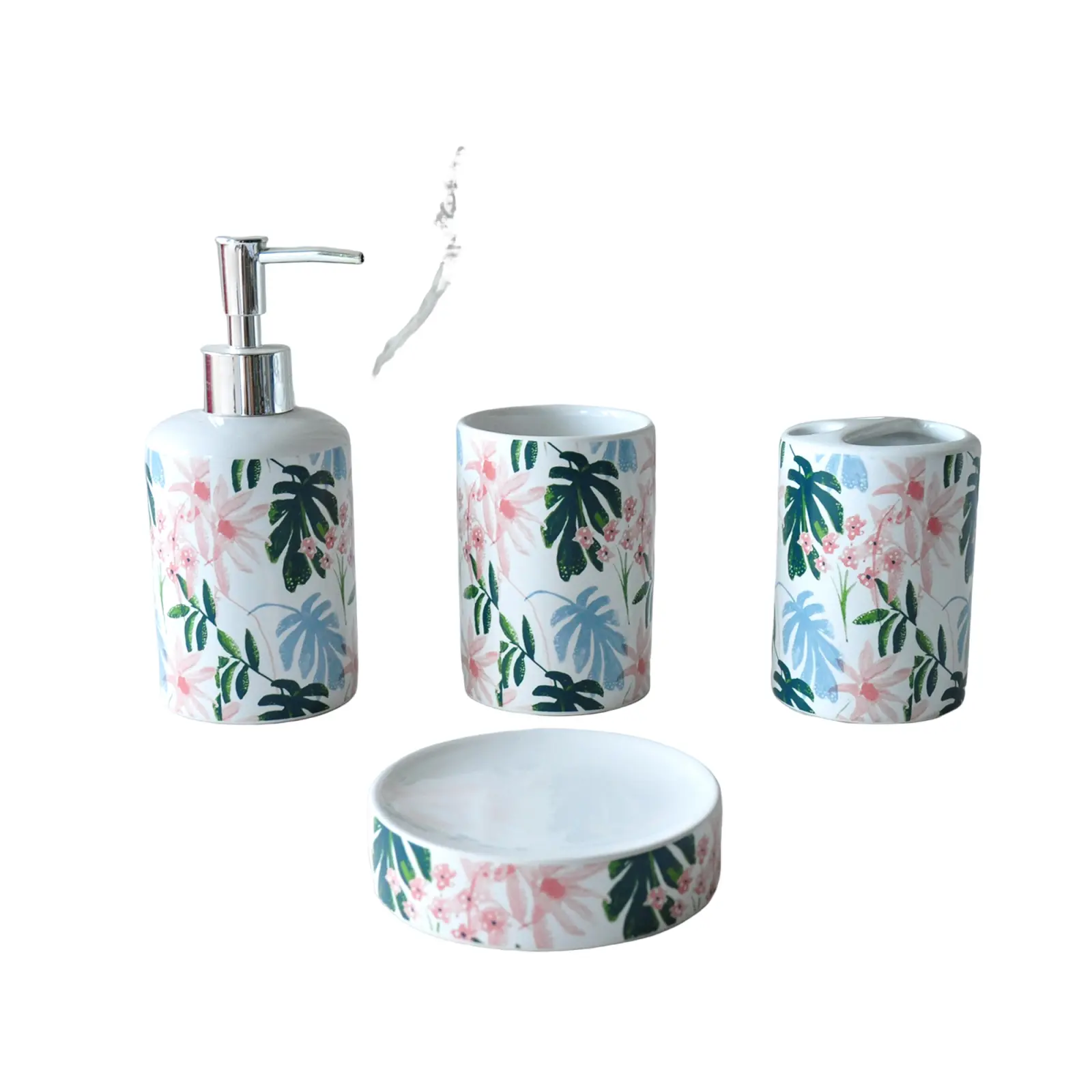 Fresh Tropical Plant-Printed Dolomite Ceramic Bathroom Accessory Set