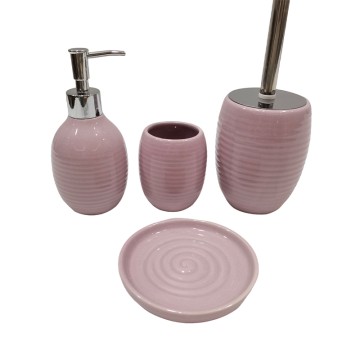 Pink Stoneware Oval Bathroom Accessory Set - 4  Piece Set