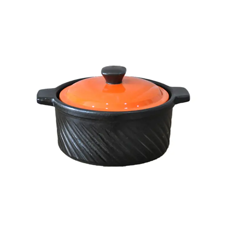 Orange Black Contrast Diagonal Texture Ceramic Casserole with Lid