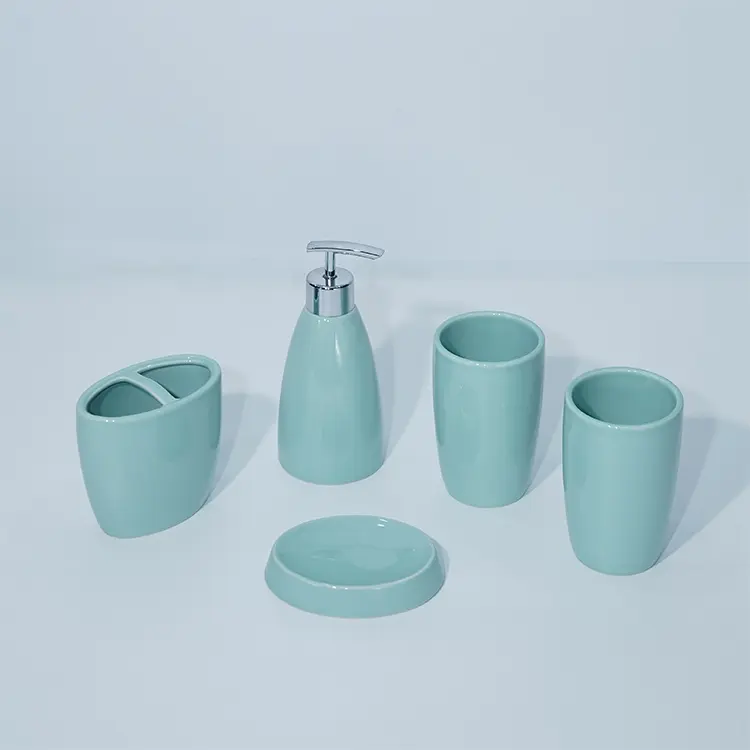 Wholesale Low Price Ceramic Home Decor 5 Pieces Shiny Pure Color Glazed Bathroom Accessories Set (5).jpg