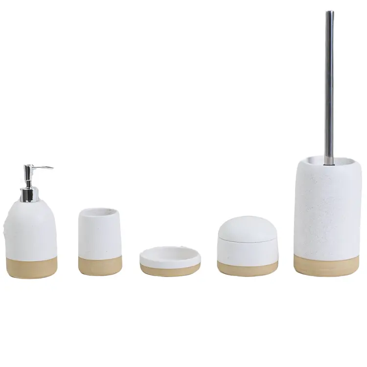 Modern Minimalist White - Tan Textured Ceramic Bathroom Accessory Set