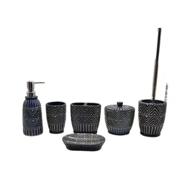 Blue & White Geometric Tribal - Patterned Stoneware Bathroom 6 - Piece Set