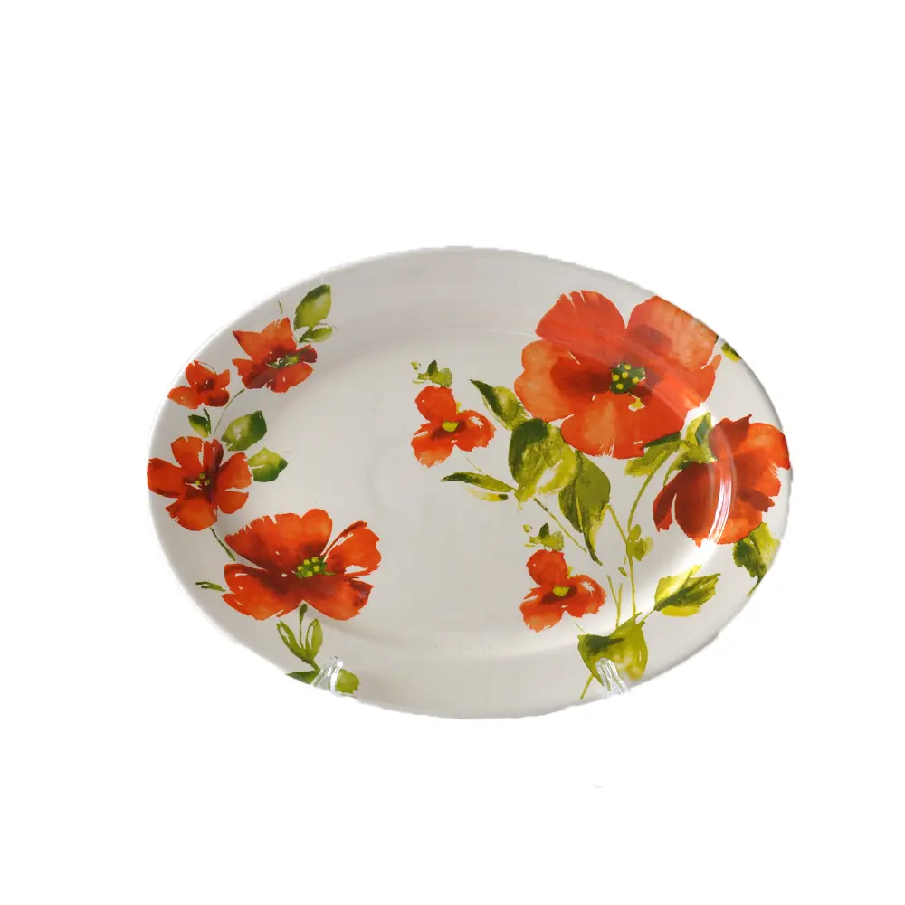 Watercolor Red Floral Oval Ceramic Platter