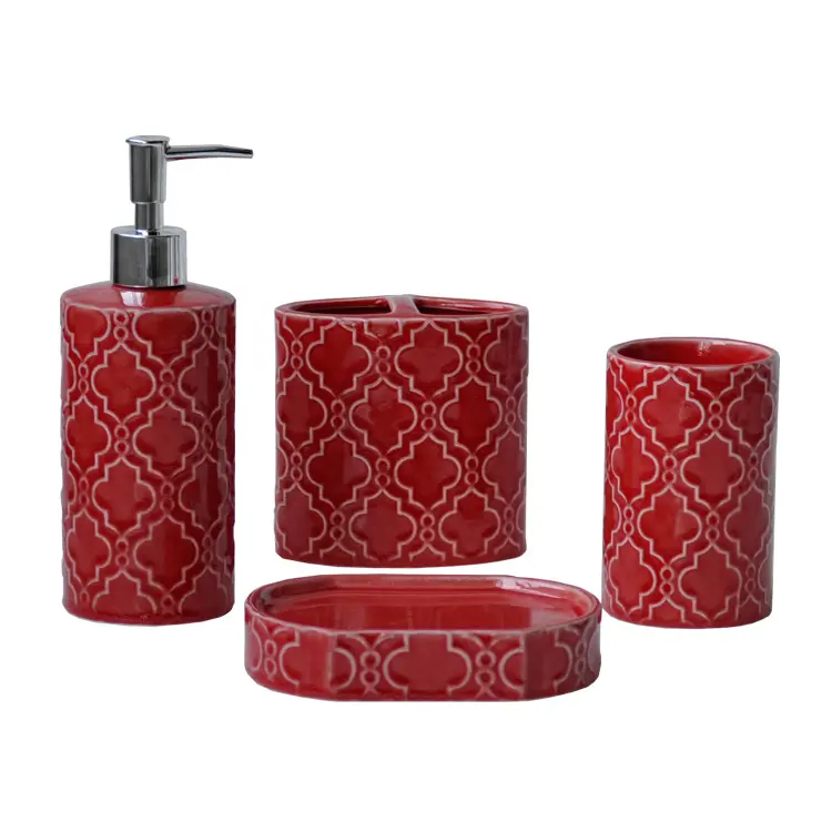 Vintage Geometric - Embossed Red Ceramic Bathroom Accessory Set