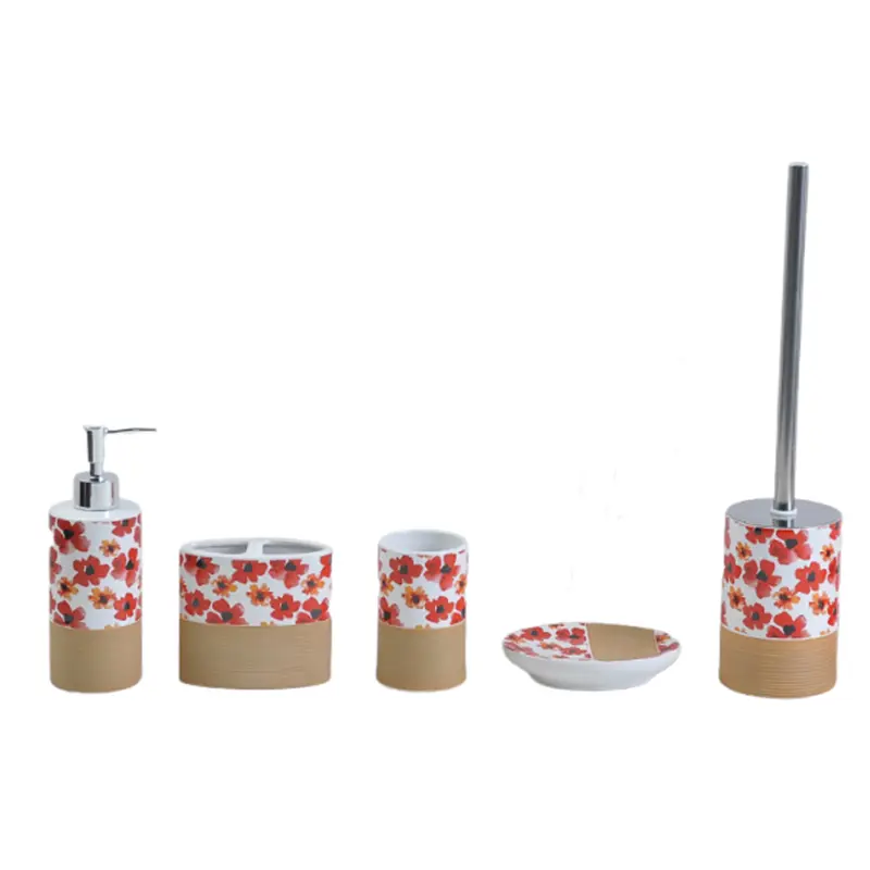 Vintage Red Floral & Beige Ribbed Ceramic Bathroom Accessory Set