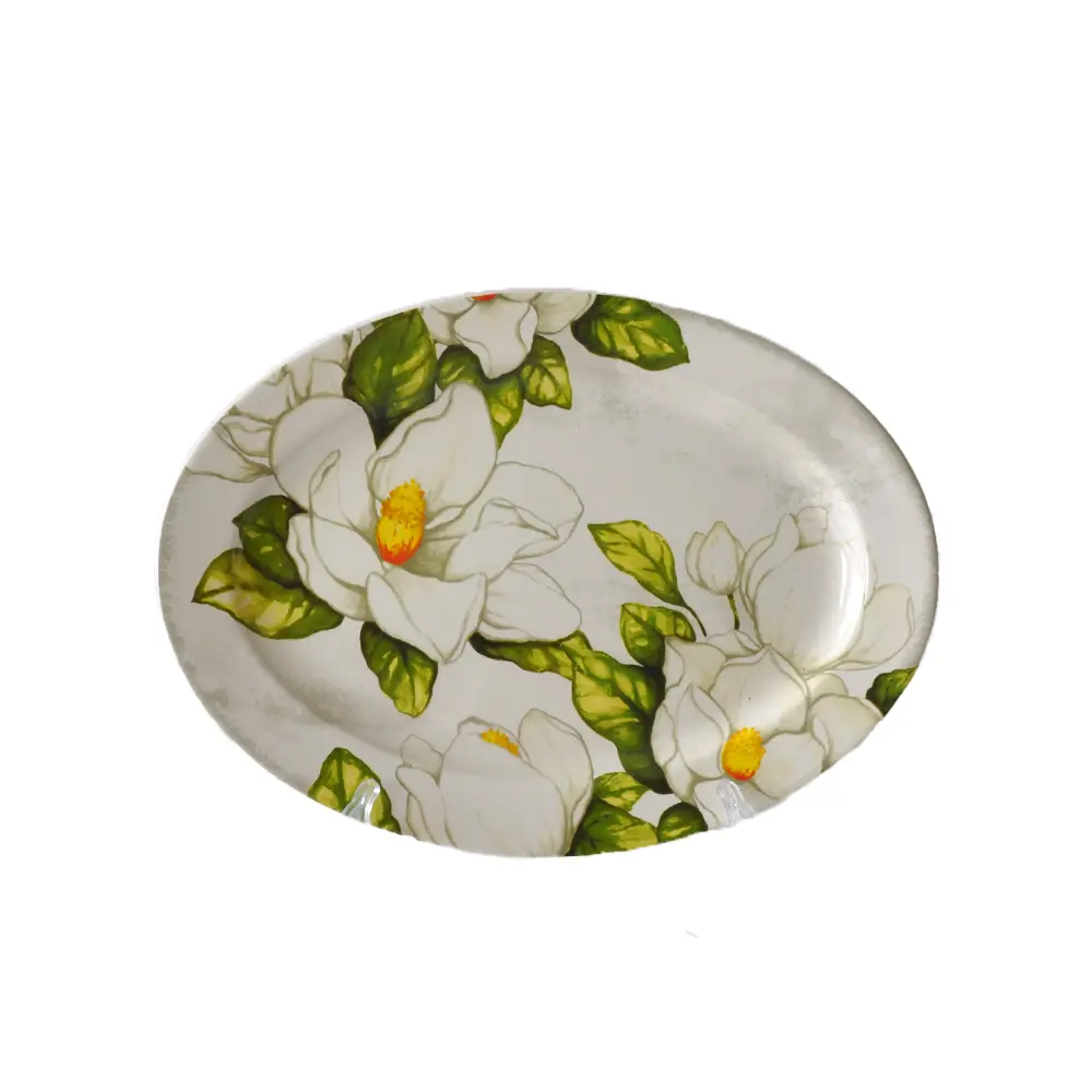 Fresh Magnolia Flower Printed Oval Ceramic Platter