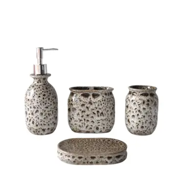 Leopard-Print Earth-Tone Stoneware Bathroom Accessory Set