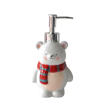 Cute Bear Ceramic Lotion Dispenser with Red Gray Striped Scarf