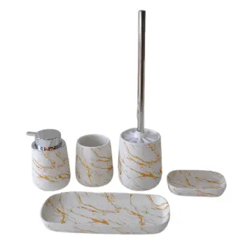 White & Gold Marble - Patterned Ceramic Bathroom 5 - Piece Set
