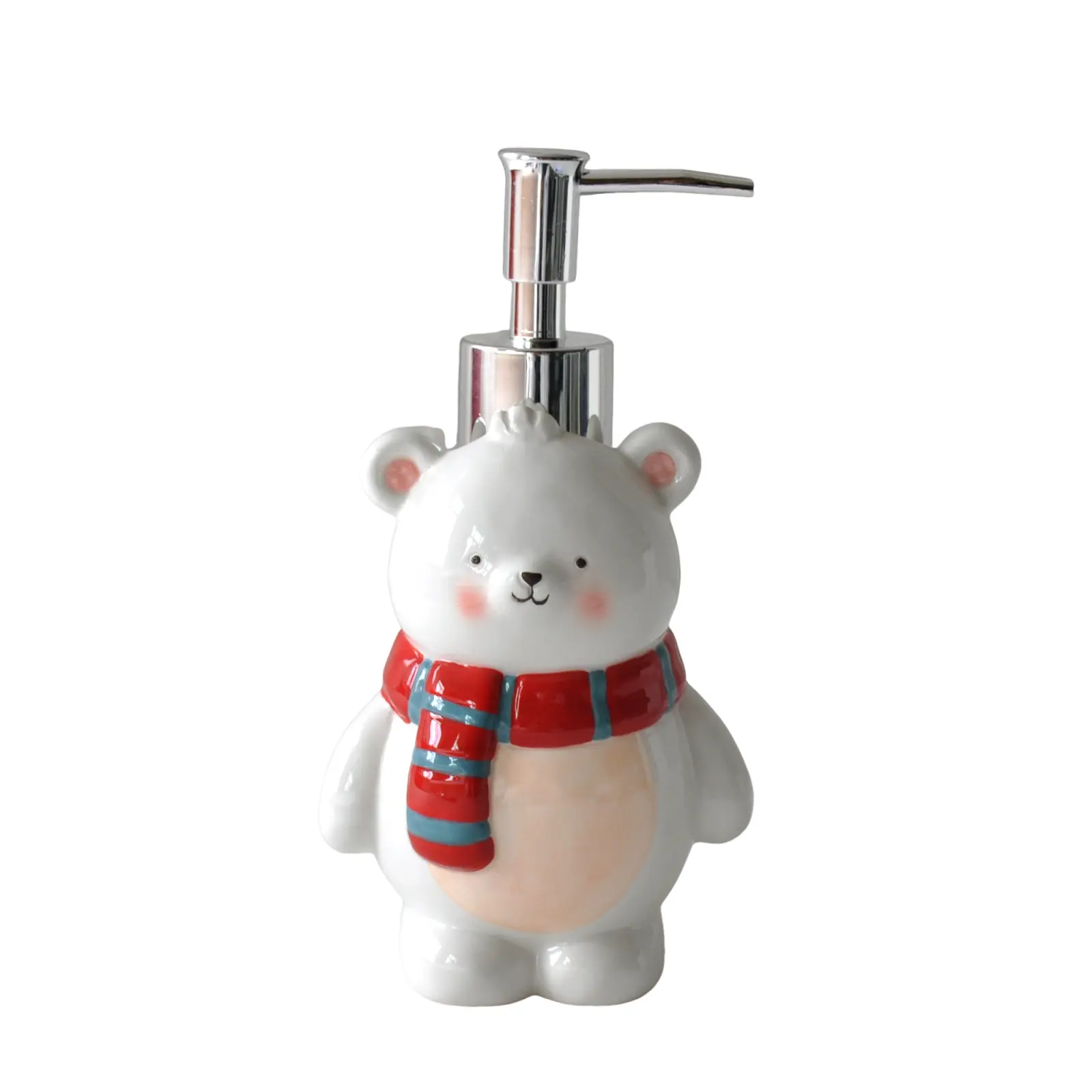 Cute Bear Ceramic Lotion Dispenser with Red Gray Striped Scarf