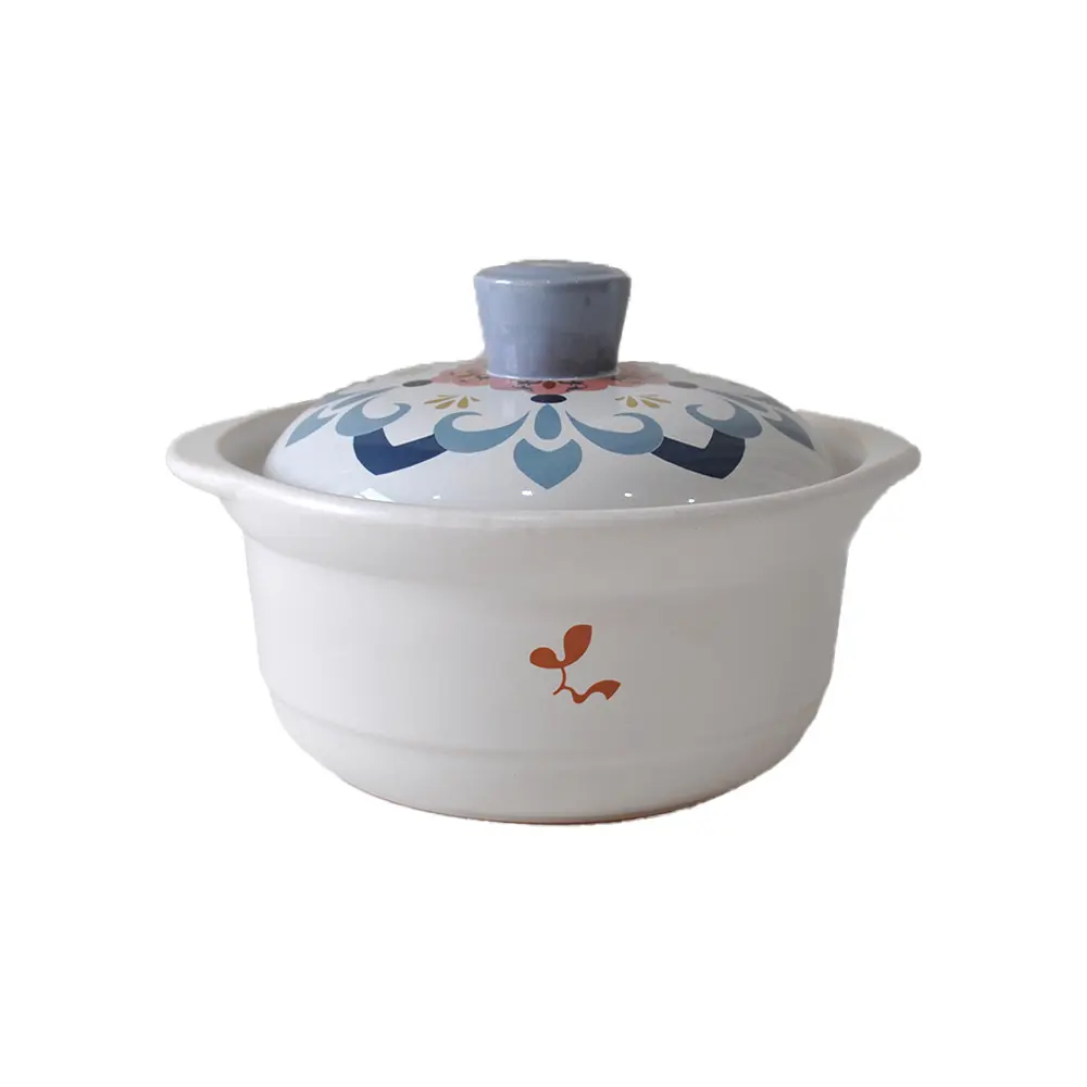 Hand-Painted Blue Pink Floral-Lid White Ceramic Casserole
