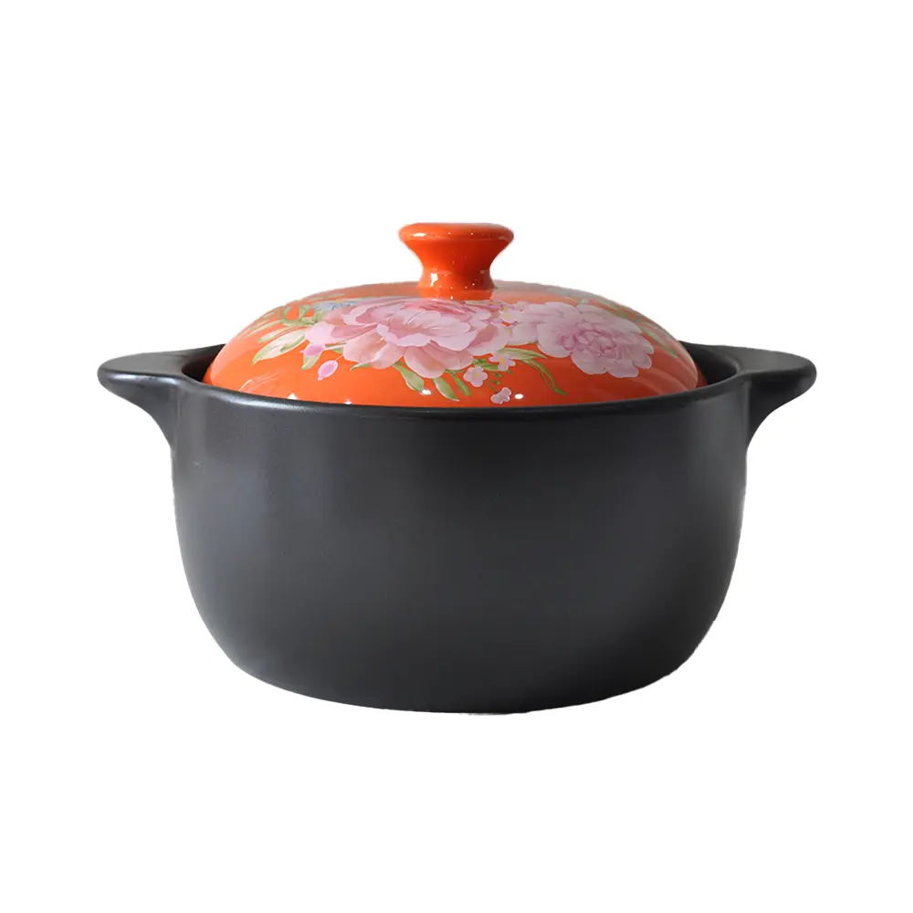 Hand-Painted Pink Floral Orange-Lid Black Ceramic Casserole