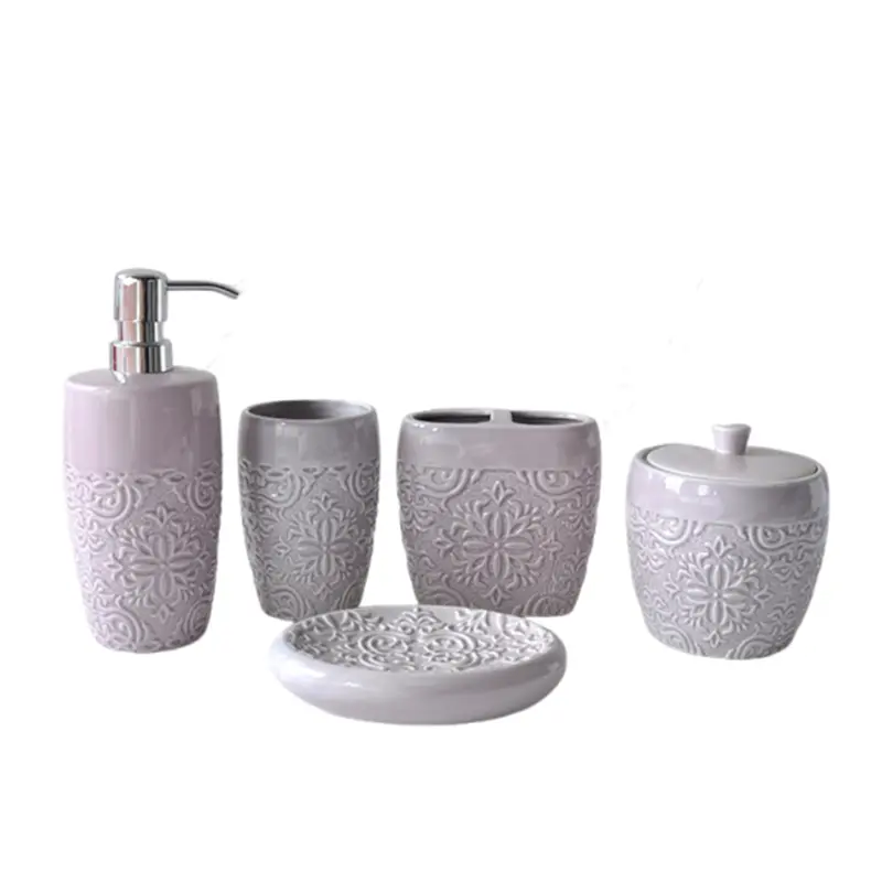 Light Purple Embossed Pattern Ceramic Bathroom 5-Piece Set