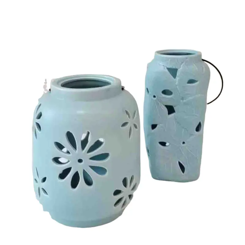 Light Blue Cutout Floral and Leaf Ceramic Candle Holders