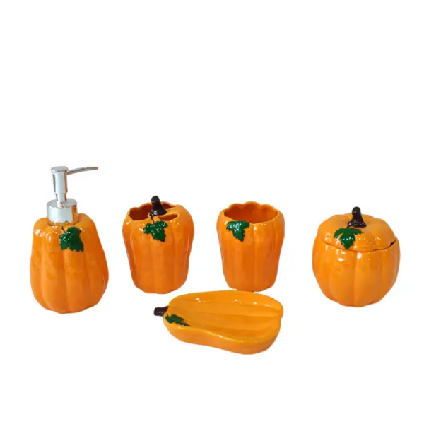 Orange Pumpkin - Shaped Stoneware Bathroom 5 - Piece Set