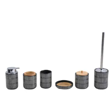 Black & White Vertical - Stripe Stoneware Bathroom 6 - Piece Set