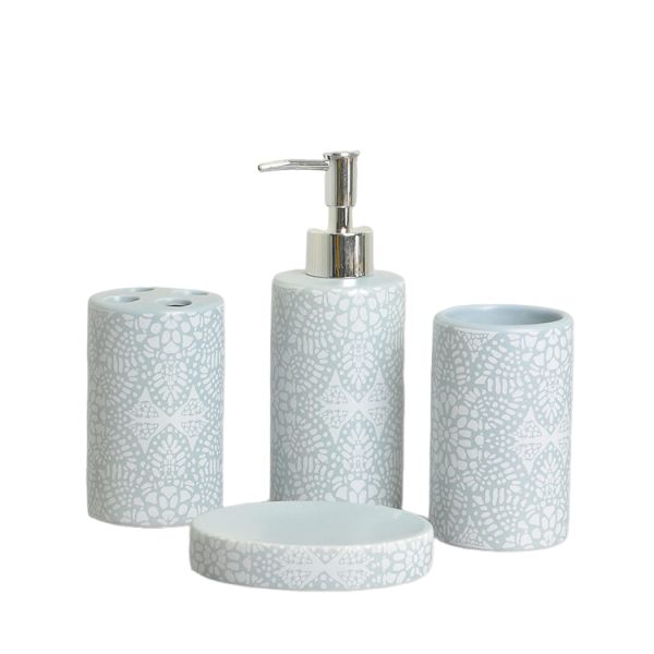 Light Blue Floral Pattern Ceramic Bathroom 4 - Piece Set