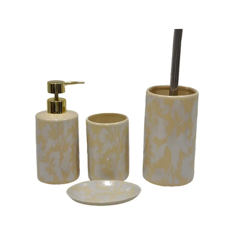 Creamy Yellow Matte Glazed Decaled Floral Stoneware Bathroom 4 - Piece Set