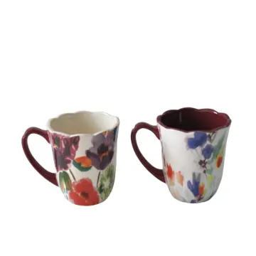 Watercolor Style Color Block Floral Ceramic Mug Set with Petal Edge