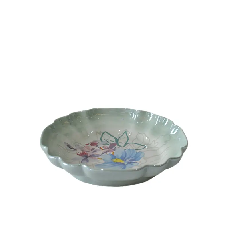 Hand Painted Floral and Butterfly Light Green Gradient Petal Edge Ceramic Plate