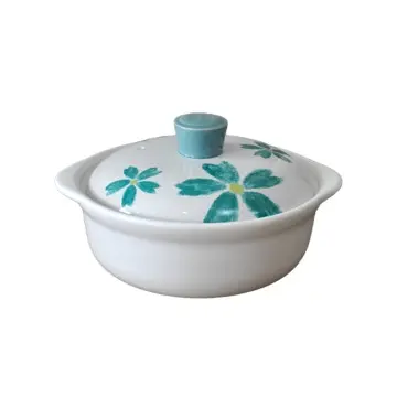 Hand-Painted Blue Green Flower Ceramic Casserole with Lid