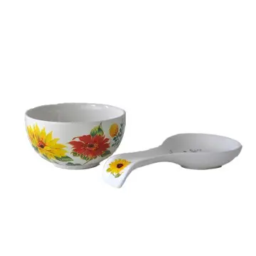 Rustic Hand-Painted Sunflower Floral Ceramic Bowl and Spoon Set