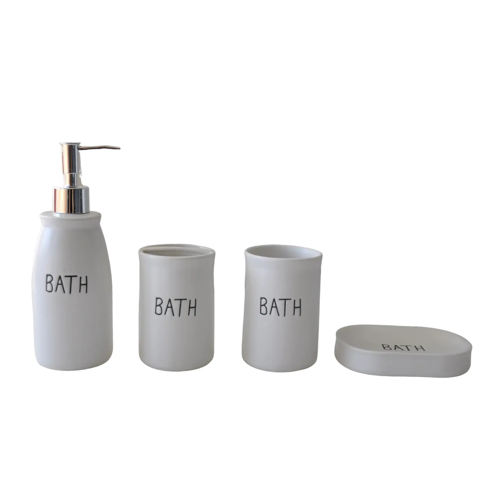 Minimalist White Stoneware Bathroom Accessory Set with "BATH" Text
