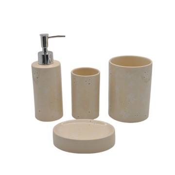 Cream - Beige Subtle Floral Stoneware Bathroom 4 - Piece Set