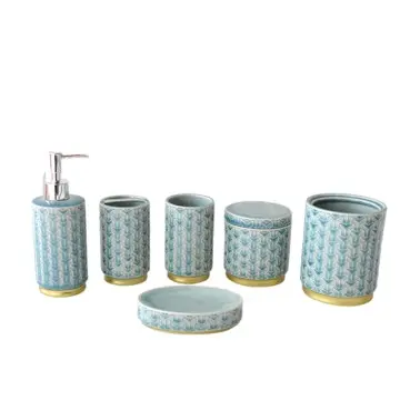 Teal Geometric Arrow - Patterned Ceramic Bathroom 6 - Piece Set
