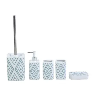 Blue & White Geometric - Patterned Dolomite Bathroom 5 - Piece Set