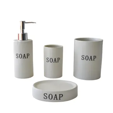 Minimalist Beige Stoneware Bathroom Accessory Set with "SOAP" Text