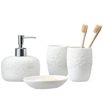 Elegant Lace Embossed White Ceramic Bathroom Set