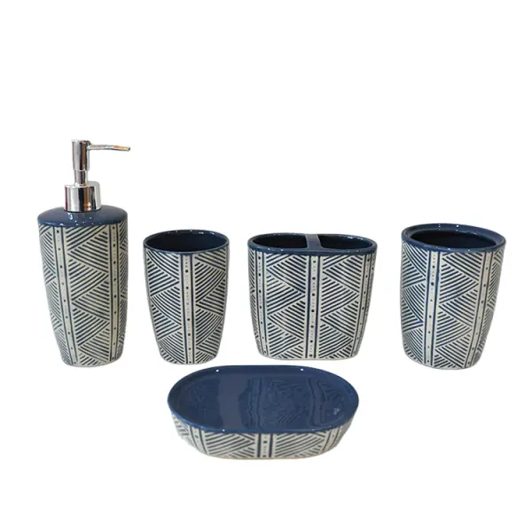 Blue & White Geometric - Patterned Ceramic Bathroom 5 - Piece Set