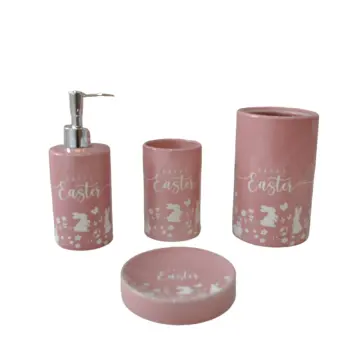 Easter-Themed Pink-White Rabbit Printed Dolomite Bathroom Accessory Set