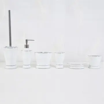 Elegant White Ceramic Bathroom Accessories Set with Silver Rim