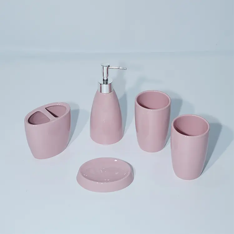 Wholesale Low Price Ceramic Home Decor 5 Pieces Shiny Pure Color Glazed Bathroom Accessories Set (11).jpg