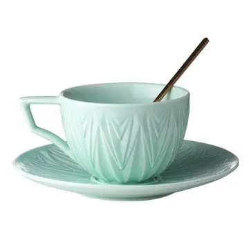 Mint Green Leaf Vein Embossed Ceramic Cup and Saucer Set
