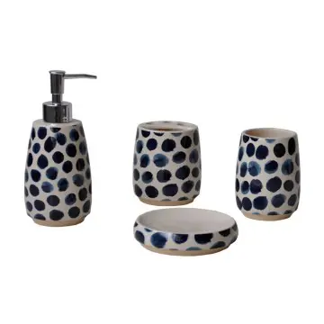 Artistic Hand - Painted Blue - White Polka Dot Ceramic Bathroom Accessory Set