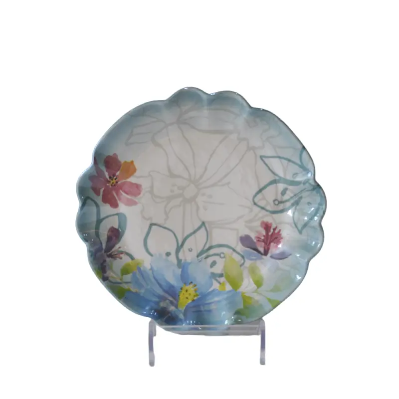 Fresh Watercolor Floral Light Blue Gradient Petal Edge Ceramic Plate