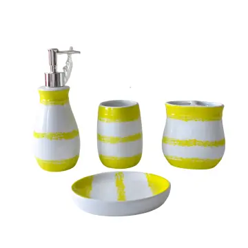 Vibrant Yellow-White Striped Dolomite Bathroom Accessory Set