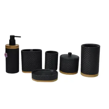 Matte Black Ceramic Bathroom 6-Piece Set with Woven Texture & Wood Base