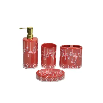 Christmas Red - White Festive Bell & Ornament Ceramic Bathroom Accessory Set