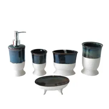 Vintage Kiln-Change Blue & White Textured Base Dolomite Bathroom Accessory Set