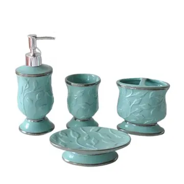 Tiffany Blue Leaf Embossed Ceramic Bathroom 4-Piece Set