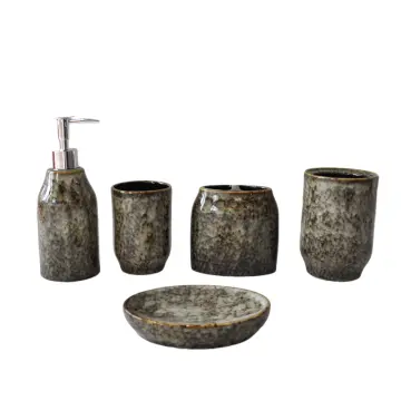 Wabi - Sabi Dark Gray Kiln Changed Speckled Stoneware Bathroom Accessory Set