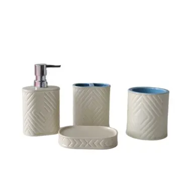 Cream White Diamond Embossed Ceramic Bathroom 4-Piece Set with Blue Interior