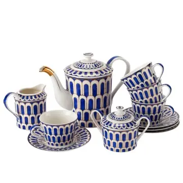 Luxury European Blue & White Geometric Ceramic Tea Set